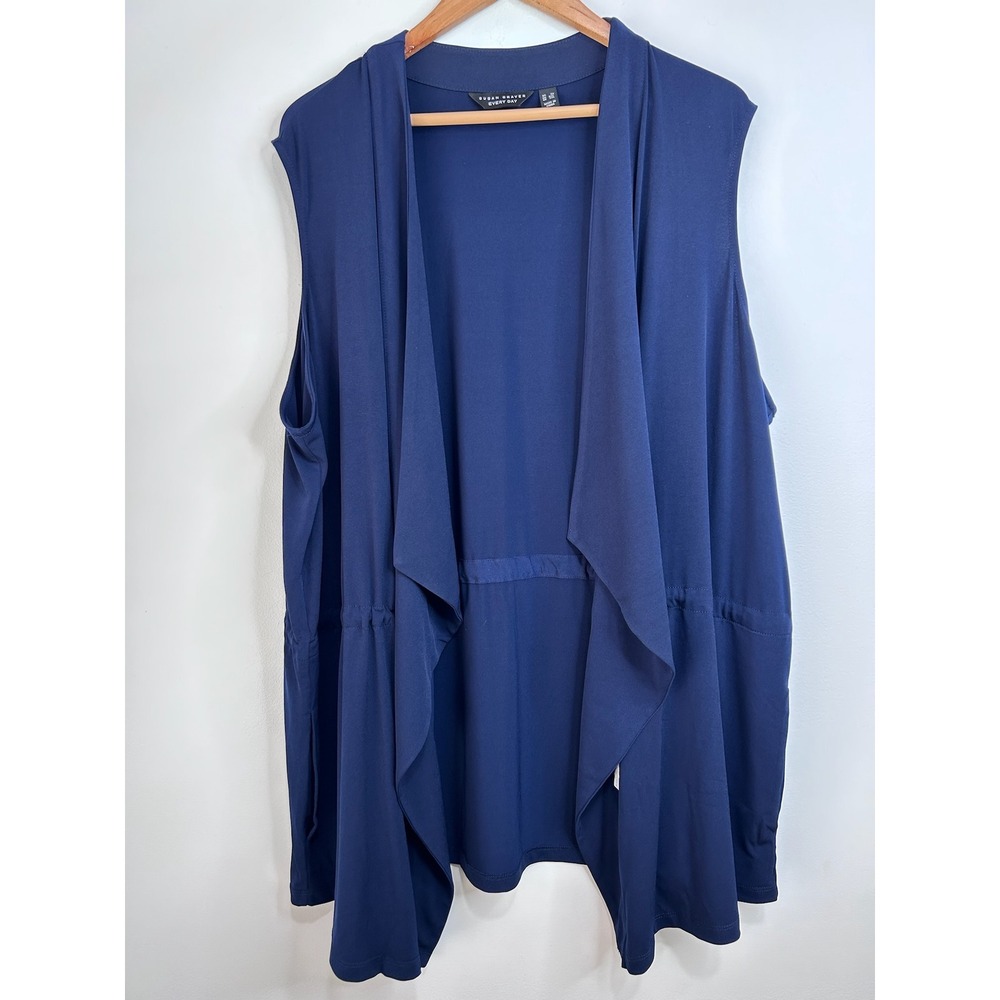 Susan Graver Every Day Vest Sz 3X Navy Blue Waterfall Open Front Liquid Knit